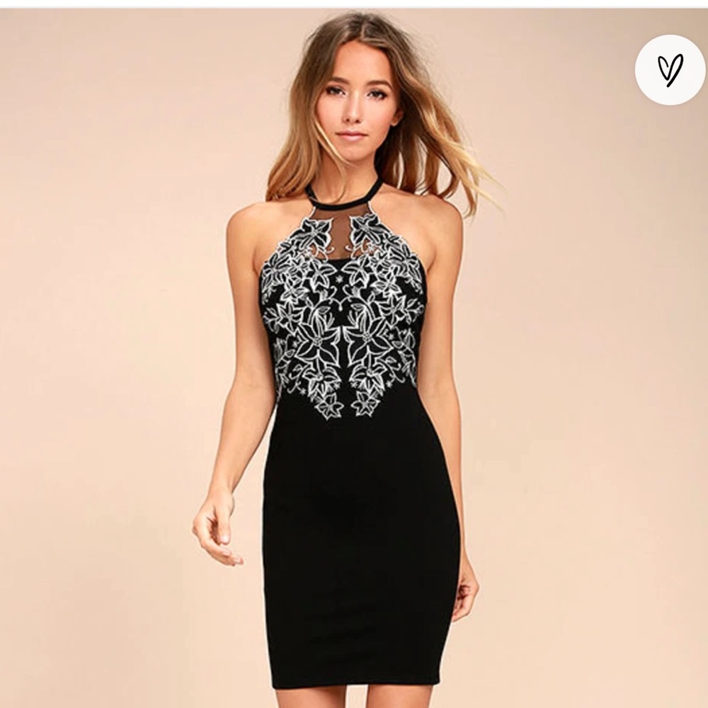 NWT LuLus Nights in Ibiza Black Embroidered Bodycon Dress